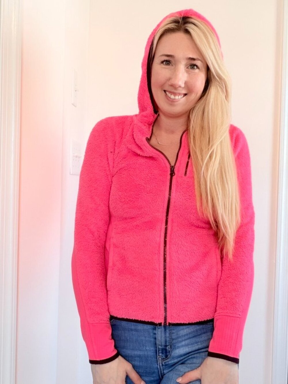 Neon Pink Sherpa Fleece Zip Hoodie Jacket Y2K Athleisure Cozy XS